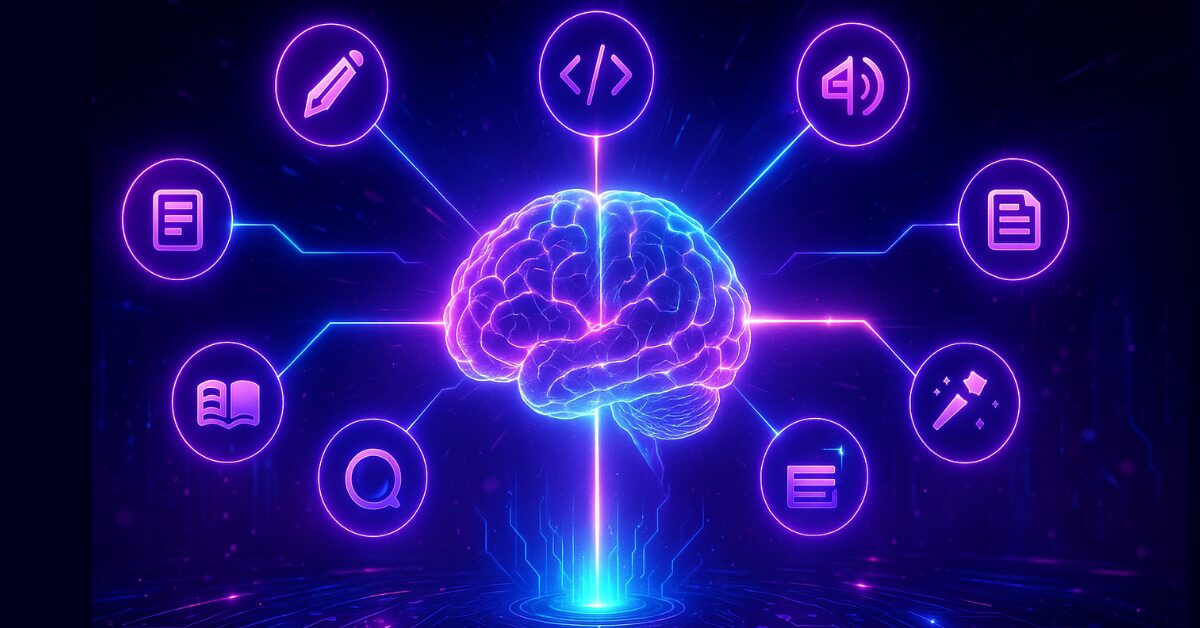 Futuristic AI brain in a neon-lit command center with floating abstract icons representing AI tools