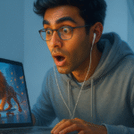 A young Indian man in a hoodie and earphones reacts with amazement while watching a vibrant AI-generated video of a robotic dragon skateboarding through a futuristic city on his laptop. Soft sunlight streams through the window, highlighting a modern, tech-savvy workspace.