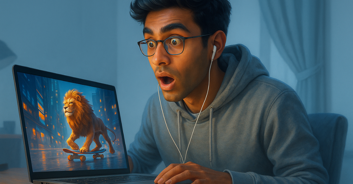 A young Indian man in a hoodie and earphones reacts with amazement while watching a vibrant AI-generated video of a robotic dragon skateboarding through a futuristic city on his laptop. Soft sunlight streams through the window, highlighting a modern, tech-savvy workspace.
