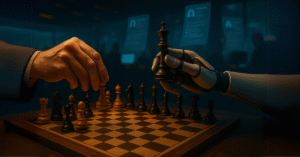 A chess match between human and AI hands — symbolizing job competition
