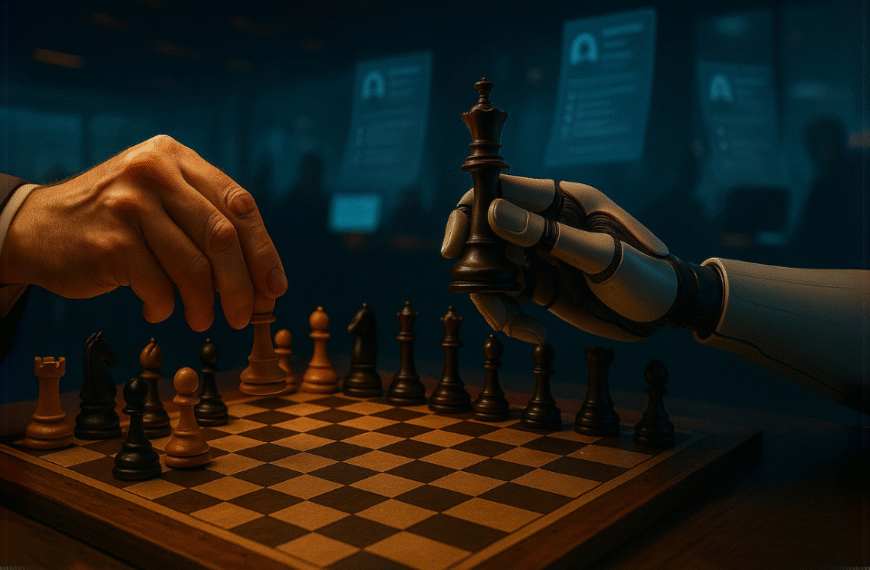 A chess match between human and AI hands — symbolizing job competition