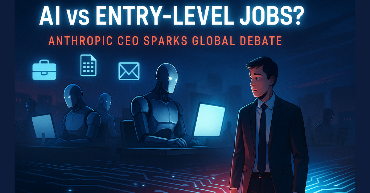 Futuristic illustration of a worried office worker standing at the edge of a glowing circuit board, with humanoid AI robots replacing humans at desks behind him, and bold glowing text reading ‘AI vs Entry-Level Jobs?’ above.