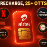 Glowing Airtel SIM card surrounded by Netflix, Disney+ Hotstar, ZEE5, SonyLiv, and Lionsgate Play logos, with text saying '1 Recharge, 25+ OTTs!' and 'Airtel OTT Packs Explained' on a red and black tech-themed background.