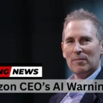 Amazon CEO Andy Jassy delivers an AI warning with a breaking news banner overlay