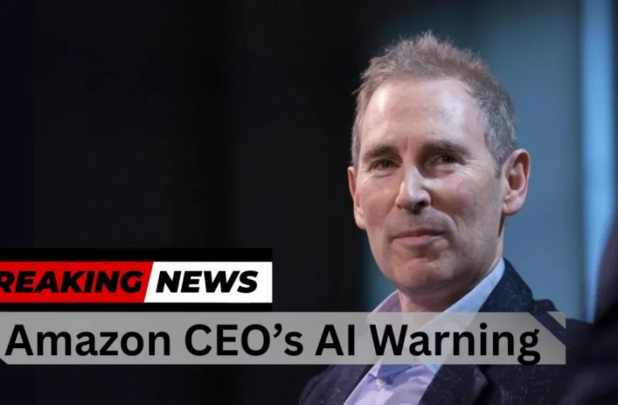 Amazon CEO Andy Jassy delivers an AI warning with a breaking news banner overlay