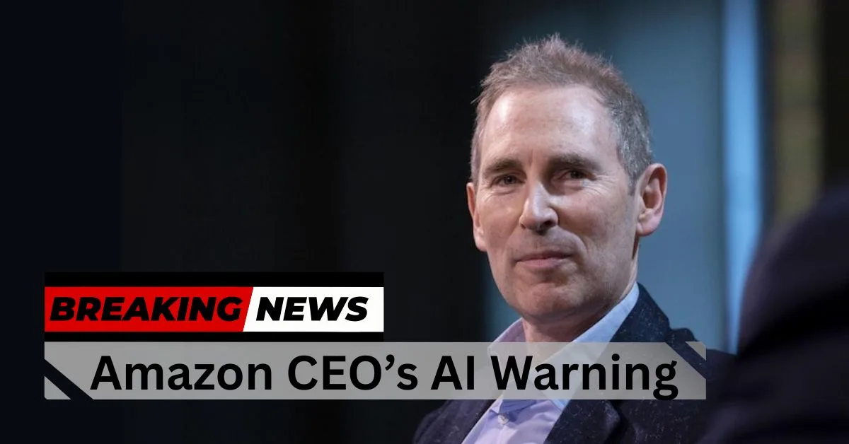Amazon CEO Andy Jassy delivers an AI warning with a breaking news banner overlay
