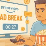 Frustrated Indian man watching Amazon Prime Video during an ad break, holding popcorn and a remote, surrounded by floating rupee icons and ad symbols in a light-colored room.
