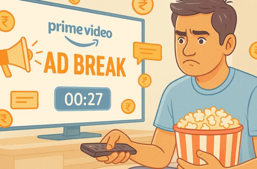 Frustrated Indian man watching Amazon Prime Video during an ad break, holding popcorn and a remote, surrounded by floating rupee icons and ad symbols in a light-colored room.