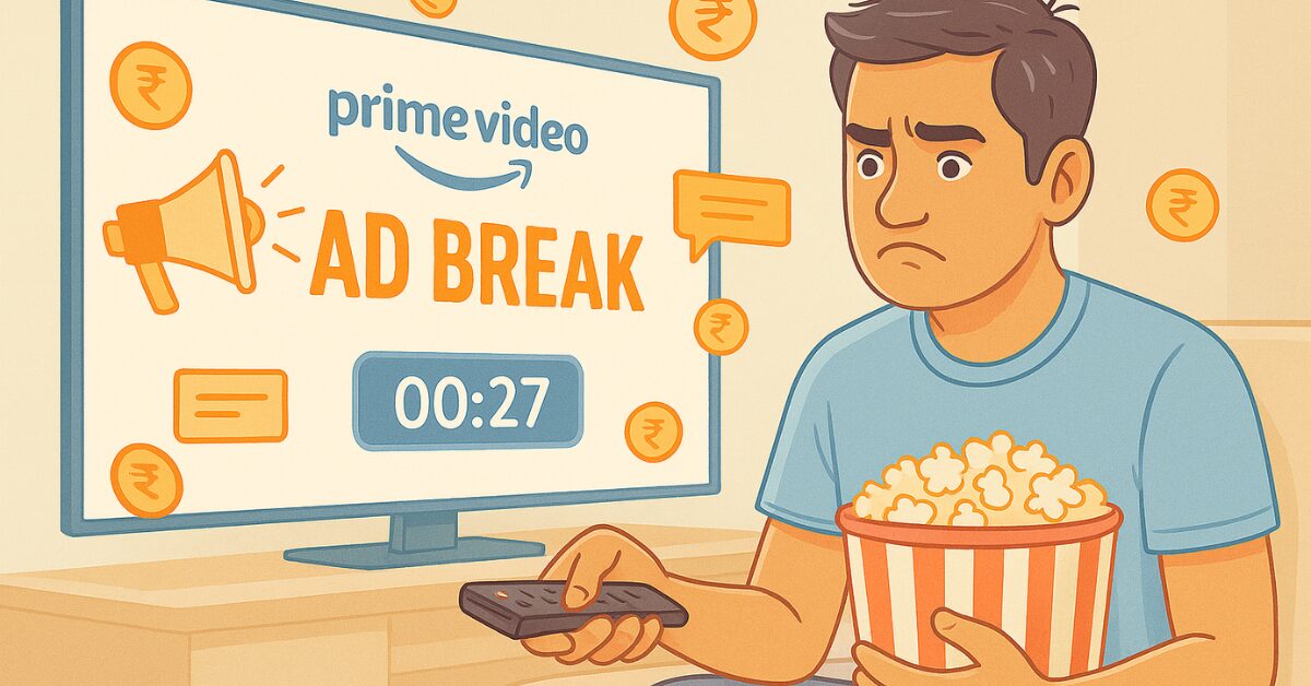 Frustrated Indian man watching Amazon Prime Video during an ad break, holding popcorn and a remote, surrounded by floating rupee icons and ad symbols in a light-colored room.