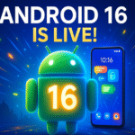 Android 16 mascot glowing with ‘16’ on chest, beside a smartphone showing updated UI and Indian skyline.