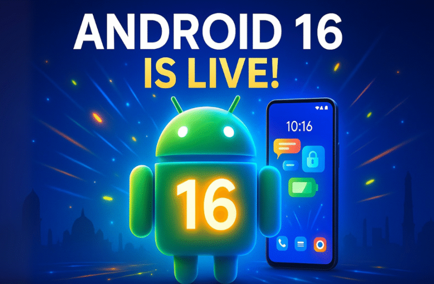 Android 16 mascot glowing with ‘16’ on chest, beside a smartphone showing updated UI and Indian skyline.