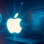 A cinematic digital illustration of a glowing Apple logo at center, connected by light beams to a circuit-style AI brain, a MacBook with a translucent UI, and an iPhone showing the Siri waveform, set against a red-to-navy gradient with sparkles and holographic grids.