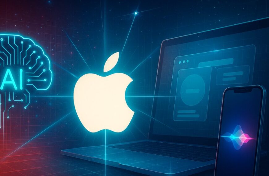A cinematic digital illustration of a glowing Apple logo at center, connected by light beams to a circuit-style AI brain, a MacBook with a translucent UI, and an iPhone showing the Siri waveform, set against a red-to-navy gradient with sparkles and holographic grids.