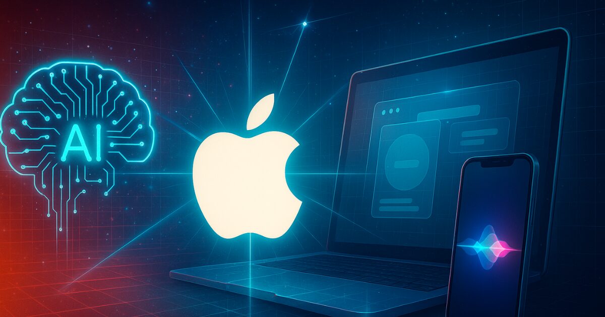 A cinematic digital illustration of a glowing Apple logo at center, connected by light beams to a circuit-style AI brain, a MacBook with a translucent UI, and an iPhone showing the Siri waveform, set against a red-to-navy gradient with sparkles and holographic grids.