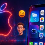 Futuristic iPhone showcasing Apple’s new Liquid Glass UI during WWDC 2025, set against a neon-lit cityscape with floating emojis and a glowing Apple logo