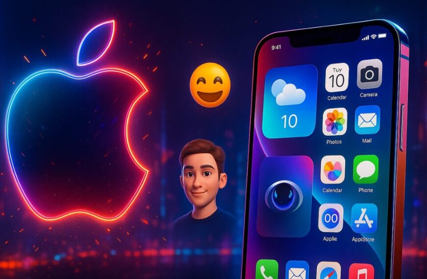 Futuristic iPhone showcasing Apple’s new Liquid Glass UI during WWDC 2025, set against a neon-lit cityscape with floating emojis and a glowing Apple logo