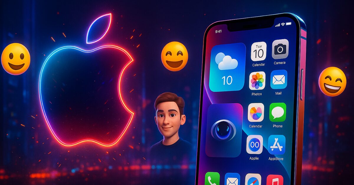 Futuristic iPhone showcasing Apple’s new Liquid Glass UI during WWDC 2025, set against a neon-lit cityscape with floating emojis and a glowing Apple logo