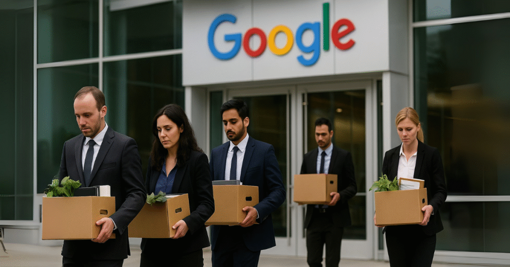 Tech employees carrying boxes walk out of a corporate building, symbolizing mass layoffs at companies like Google, Amazon, Meta, and Microsoft in 2025.