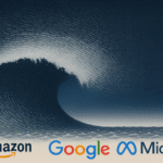 A massive wave made of employee names crashes over logos of Google, Amazon, Meta, and Microsoft, symbolizing the scale of tech layoffs in 2025.