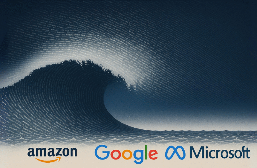 A massive wave made of employee names crashes over logos of Google, Amazon, Meta, and Microsoft, symbolizing the scale of tech layoffs in 2025.