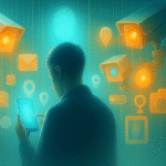 Illustration of a man using a glowing smartphone surrounded by app icons and surveillance cameras in a bright, high-tech setting