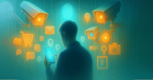 Illustration of a man using a glowing smartphone surrounded by app icons and surveillance cameras in a bright, high-tech setting