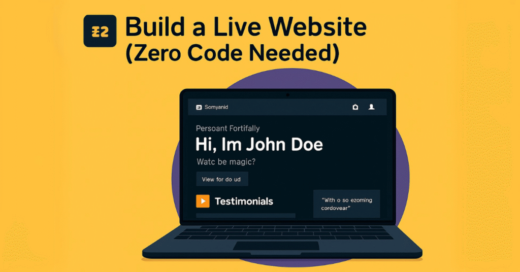 A flat digital illustration of a laptop displaying a dark-themed portfolio website template with the text “Hi, I’m John Doe,” showcasing ChatGPT's ability to build a website without writing any code, set against a bold yellow background