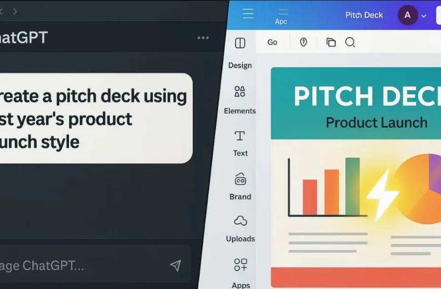 Split-screen showing ChatGPT generating a pitch deck prompt and Canva auto-designing the slide in real time
