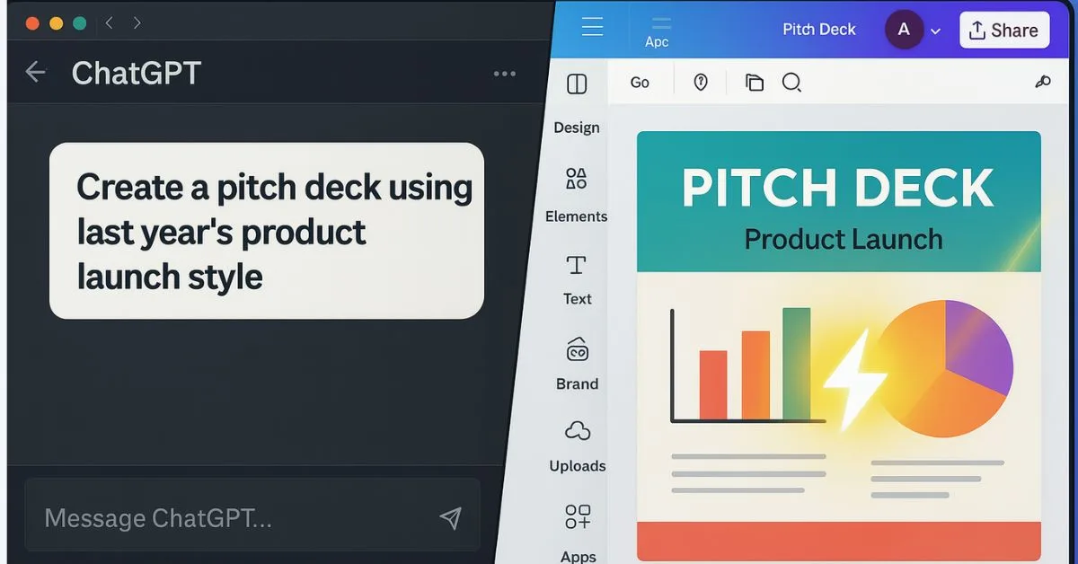 Split-screen showing ChatGPT generating a pitch deck prompt and Canva auto-designing the slide in real time