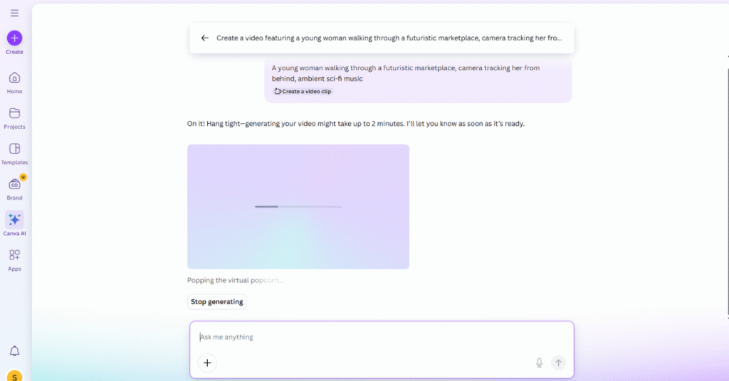 Canva AI generating video preview after user prompt entry