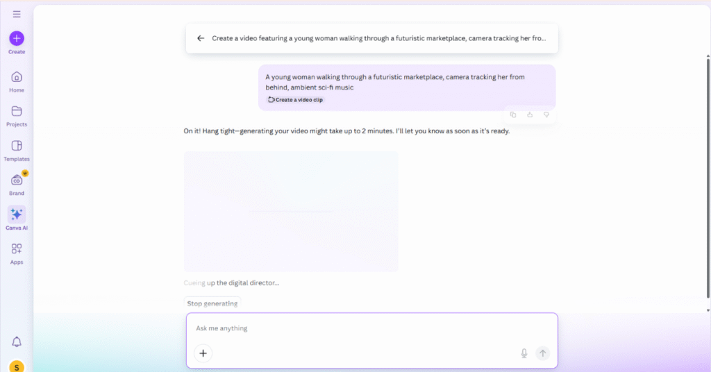 Canva Magic Studio prompt input screen for AI video generation