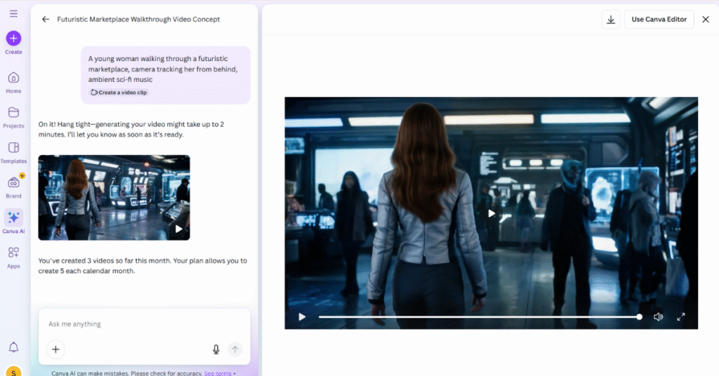 Canva Magic Studio showing AI-generated video preview screen with playback controls and audio