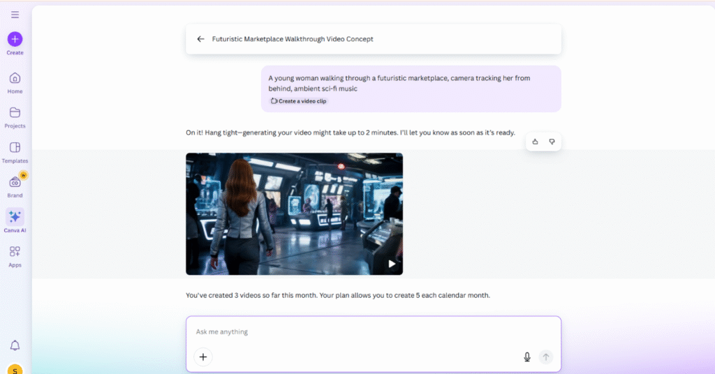 Canva Veo 3 interface showing the final AI-generated video preview with playback controls