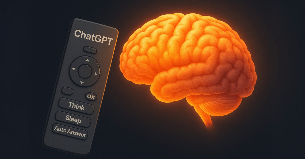 A glowing human brain controlled by a remote labeled ChatGPT with buttons like Think, Sleep, and Auto Answer