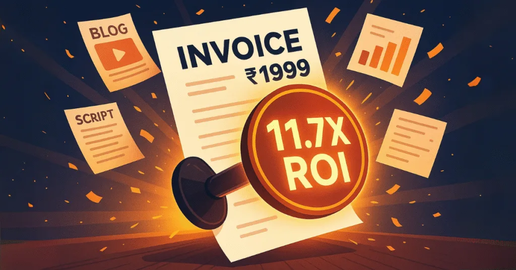 An illustrated invoice for ₹1999 stamped with “11.7X ROI,” surrounded by flying blog posts, scripts, and charts representing creative productivity.