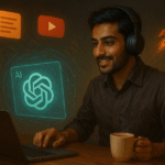 Man using AI with glowing ChatGPT interface and tech icons in a cinematic office setting