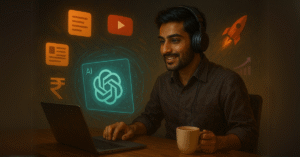 Man using AI with glowing ChatGPT interface and tech icons in a cinematic office setting
