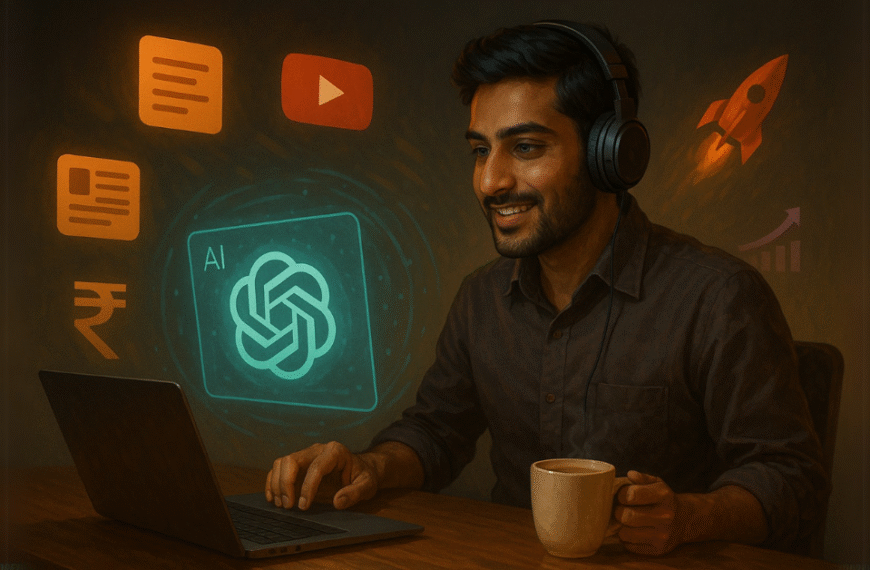 Man using AI with glowing ChatGPT interface and tech icons in a cinematic office setting