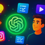 Illustration of a young Indian male surrounded by vibrant icons including the ChatGPT logo, Instagram, checklist, code, play button, and lightbulb — representing AI-powered productivity tools and creative content hacks
