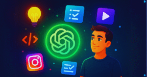 Illustration of a young Indian male surrounded by vibrant icons including the ChatGPT logo, Instagram, checklist, code, play button, and lightbulb — representing AI-powered productivity tools and creative content hacks