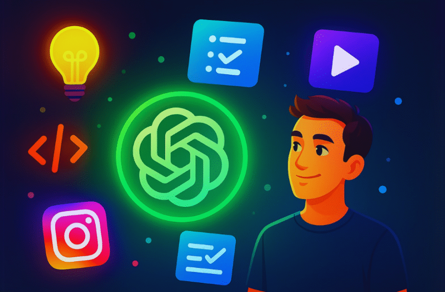 Illustration of a young Indian male surrounded by vibrant icons including the ChatGPT logo, Instagram, checklist, code, play button, and lightbulb — representing AI-powered productivity tools and creative content hacks