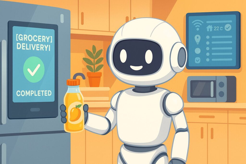 A friendly kitchen robot holding mango juice with a grocery delivery notification in a modern smart kitchen.