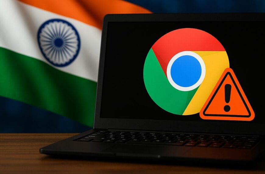 A black laptop displays the Google Chrome logo with an orange warning symbol, set against a wooden table and the blurred Indian flag in the background — indicating a browser-related security alert.