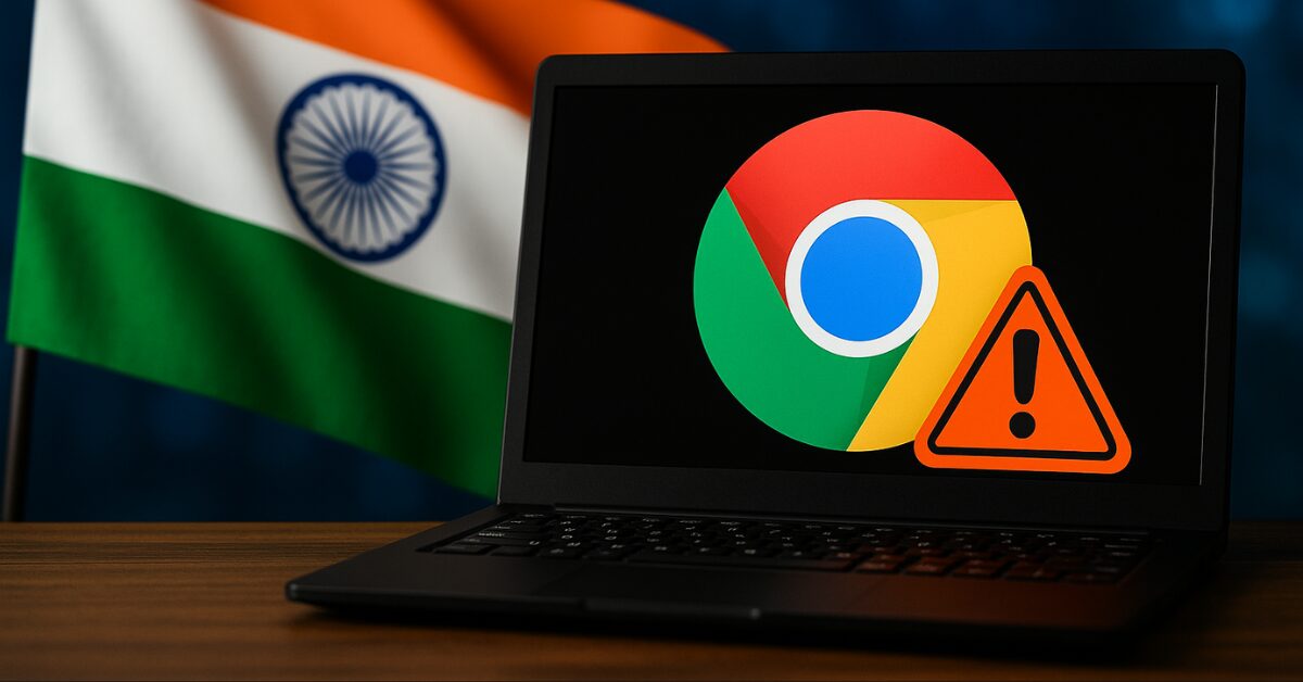 A black laptop displays the Google Chrome logo with an orange warning symbol, set against a wooden table and the blurred Indian flag in the background — indicating a browser-related security alert.