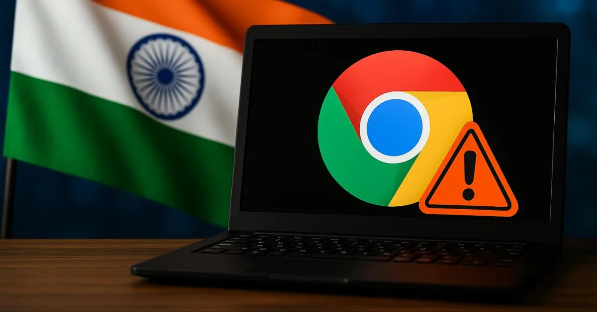 A black laptop displays the Google Chrome logo with an orange warning symbol, set against a wooden table and the blurred Indian flag in the background — indicating a browser-related security alert.