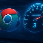 A sleek digital illustration of the Chrome logo racing past a glowing neon-blue speedometer marked "Speedometer 3," with motion blur, circuitry UI elements, and data streams in a futuristic, high-tech setting on a MacBook-like screen.