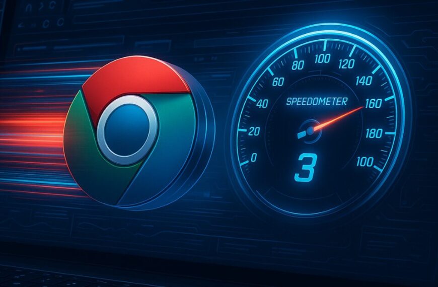 A sleek digital illustration of the Chrome logo racing past a glowing neon-blue speedometer marked "Speedometer 3," with motion blur, circuitry UI elements, and data streams in a futuristic, high-tech setting on a MacBook-like screen.