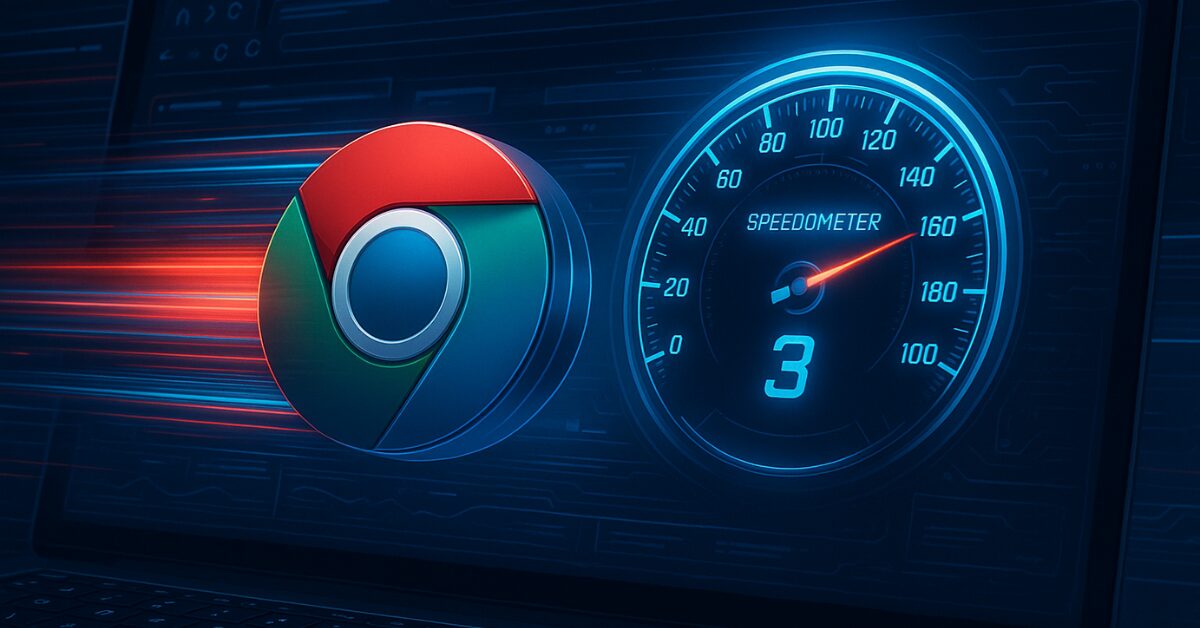 A sleek digital illustration of the Chrome logo racing past a glowing neon-blue speedometer marked "Speedometer 3," with motion blur, circuitry UI elements, and data streams in a futuristic, high-tech setting on a MacBook-like screen.