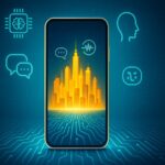 A glowing smartphone centered on a dark blue tech-patterned background displays a radiant golden city skyline rising from its screen. Bright cyan AI icons such as a brain chip, waveform, speech bubbles, and a profile outline surround the phone, all set within glowing circuitry.