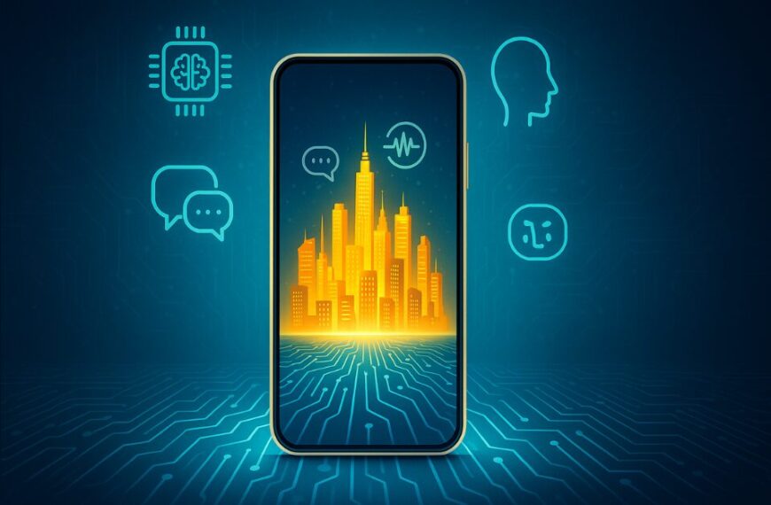 A glowing smartphone centered on a dark blue tech-patterned background displays a radiant golden city skyline rising from its screen. Bright cyan AI icons such as a brain chip, waveform, speech bubbles, and a profile outline surround the phone, all set within glowing circuitry.